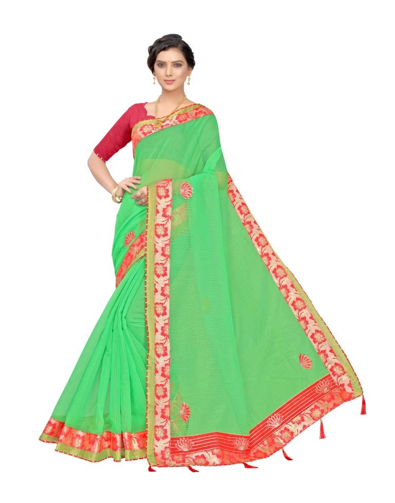 Green Coloured Poly Cotton Embroidered Partywear saree