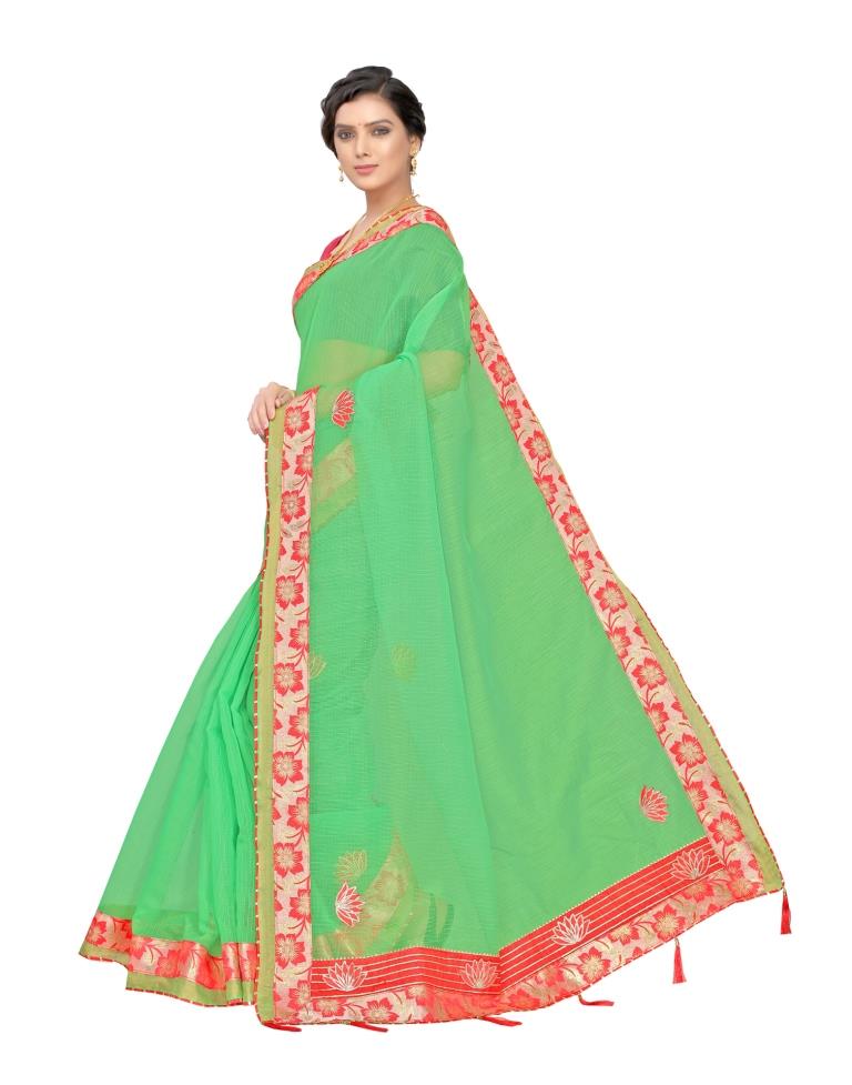 Green Coloured Poly Cotton Embroidered Partywear saree