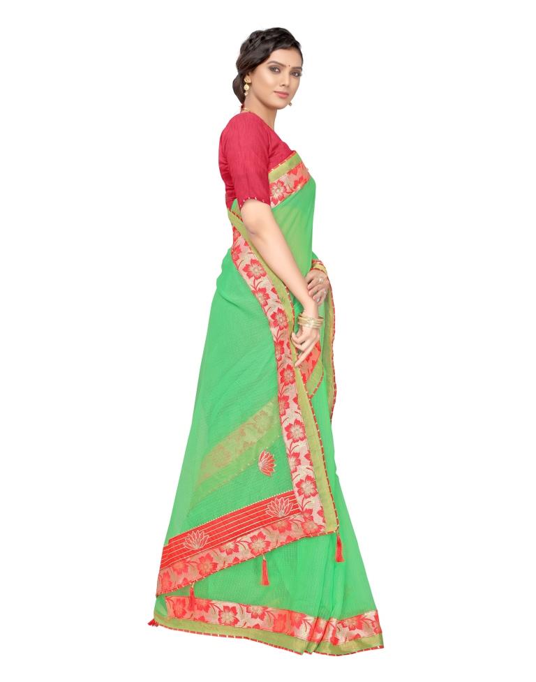 Green Coloured Poly Cotton Embroidered Partywear saree