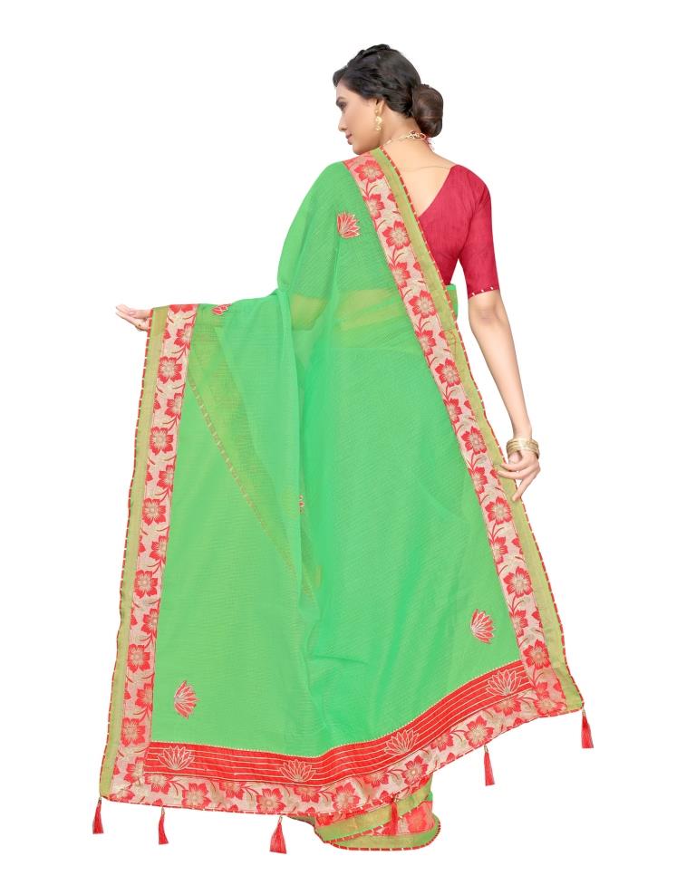 Green Coloured Poly Cotton Embroidered Partywear saree