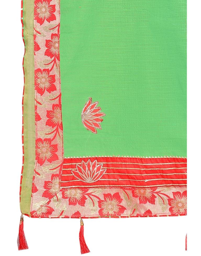 Green Coloured Poly Cotton Embroidered Partywear saree