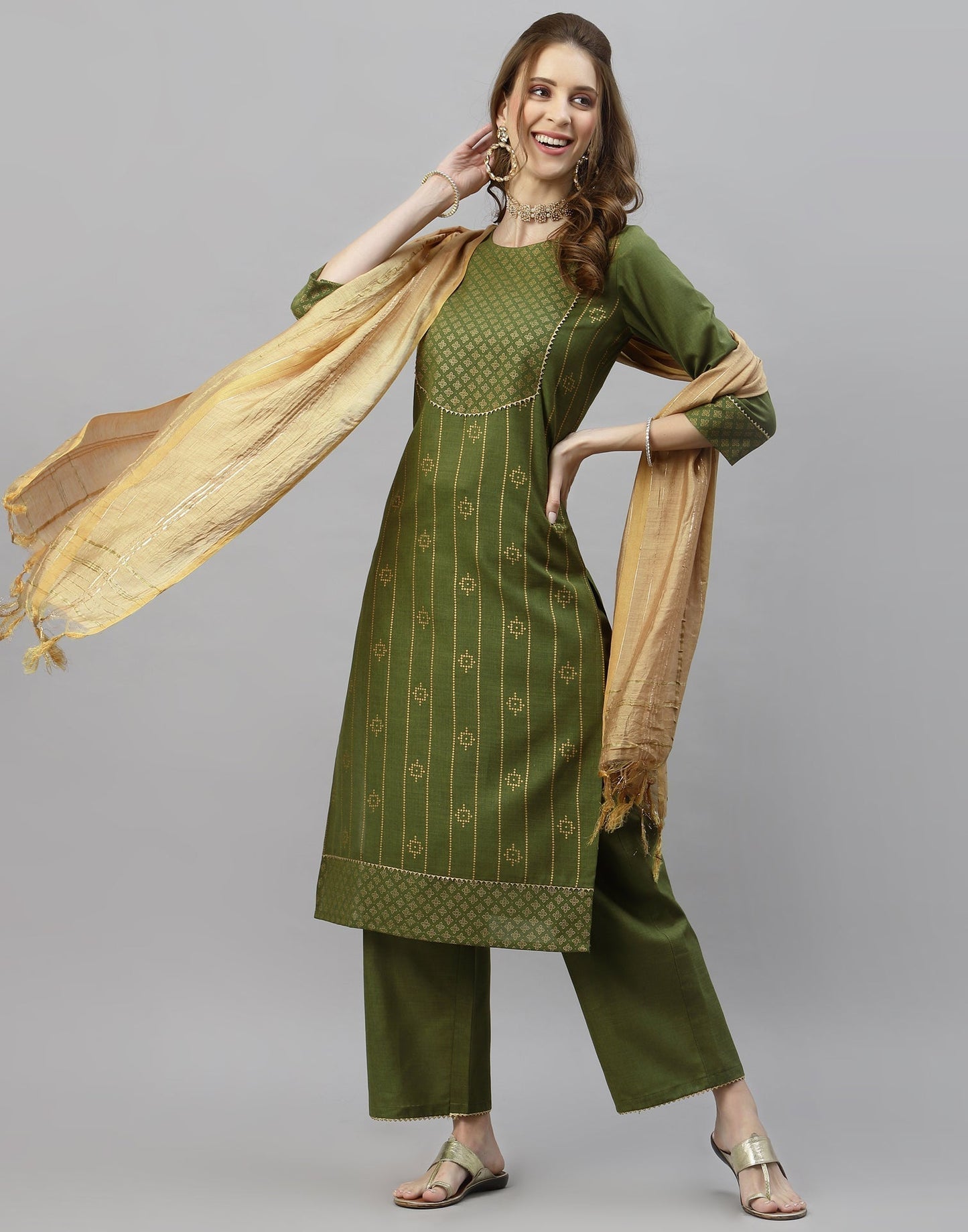 Green Kurti With Pant And Dupatta