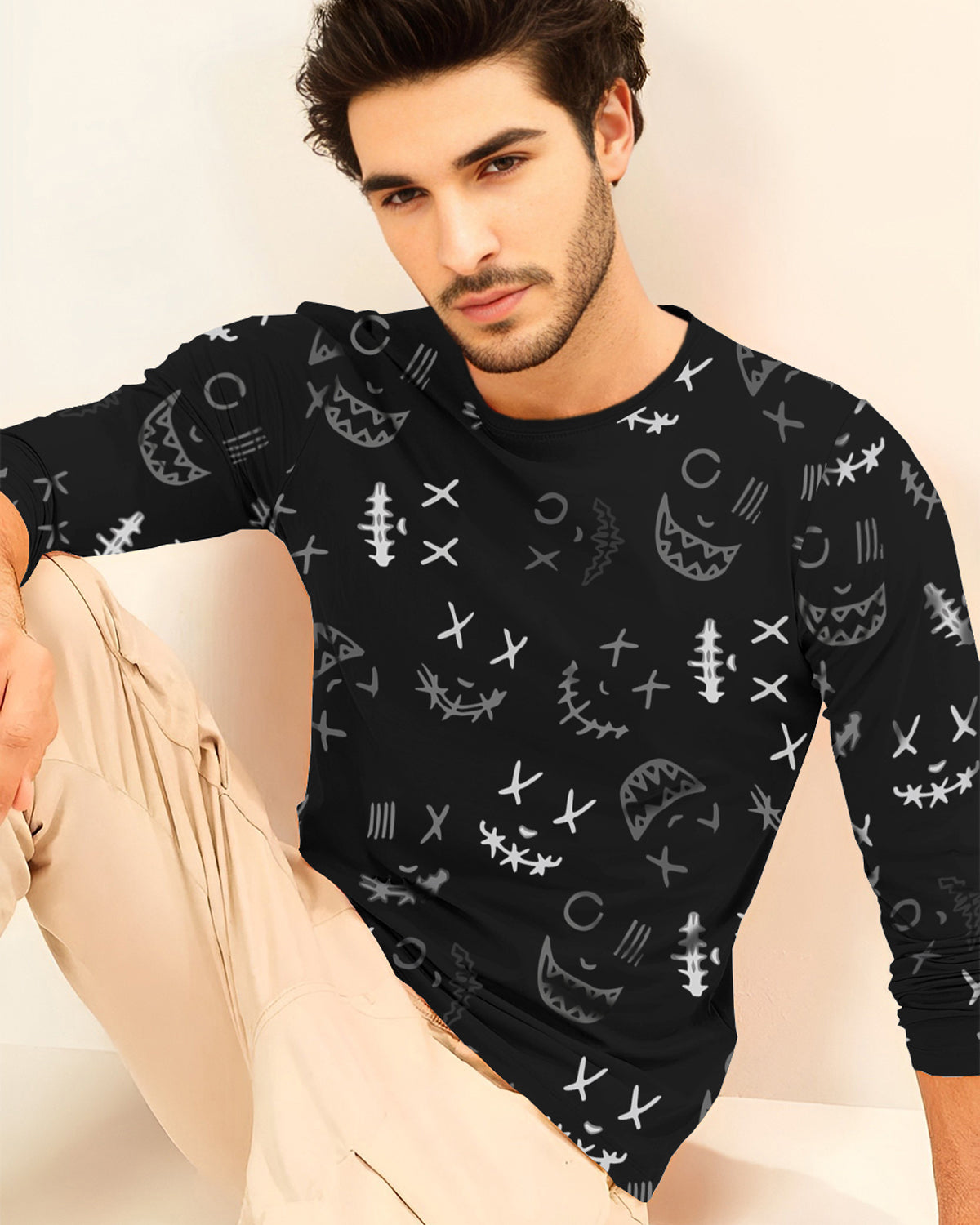 Black Full Sleeve Marshmellow Face Printed TShirt