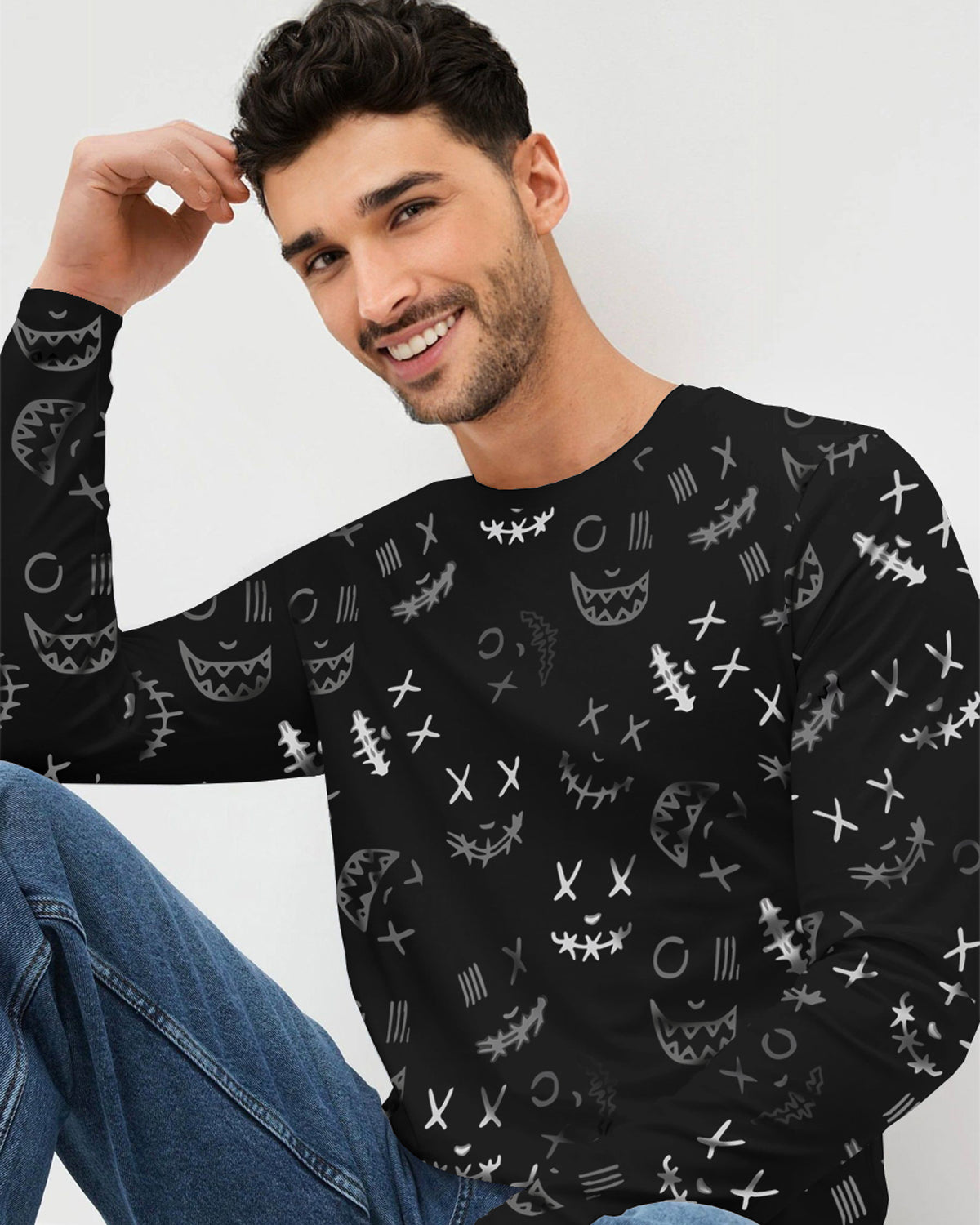 Black Full Sleeve Marshmellow Face Printed TShirt