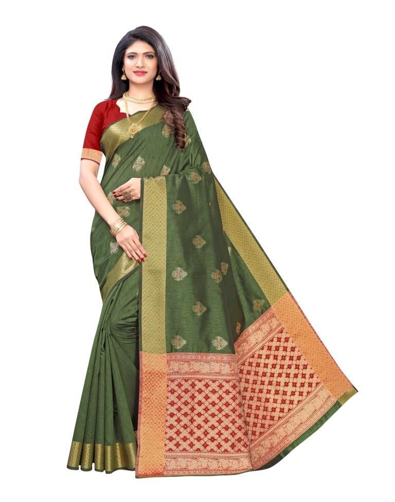 Olive Green Printed Silk Saree