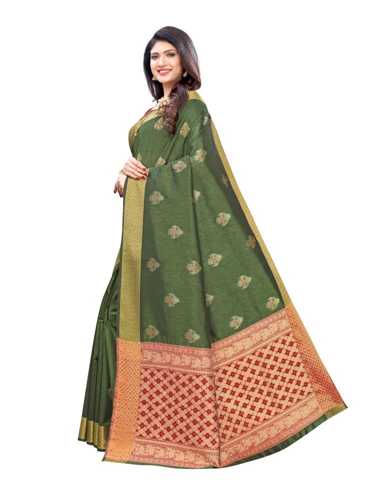 Olive Green Printed Silk Saree