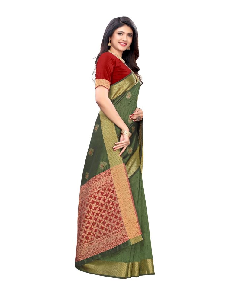 Olive Green Printed Silk Saree