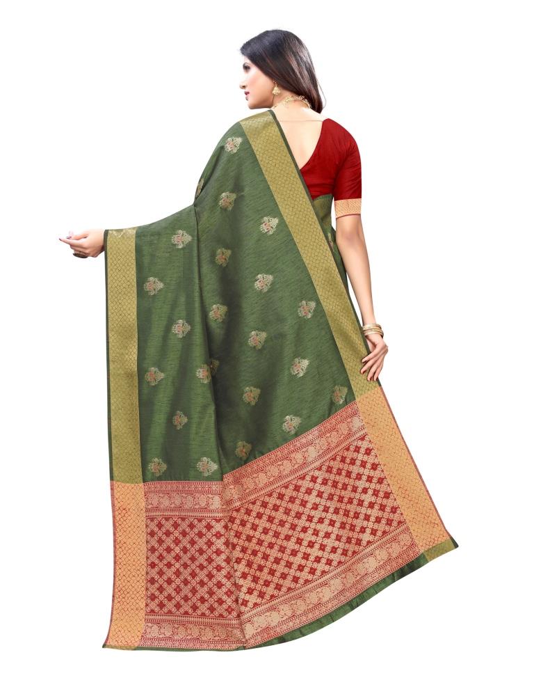 Olive Green Printed Silk Saree