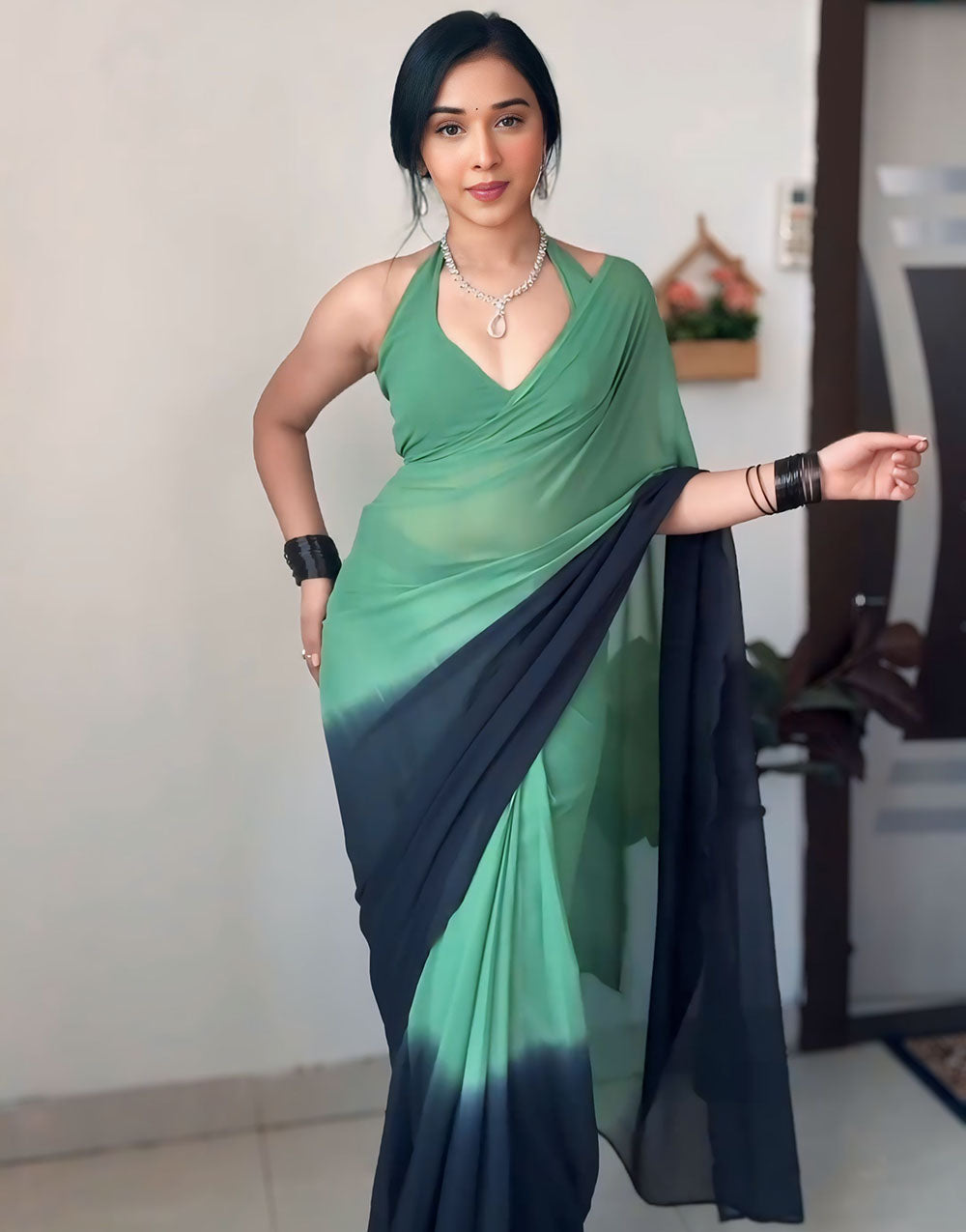 Green Georgette Ready To Wear Saree