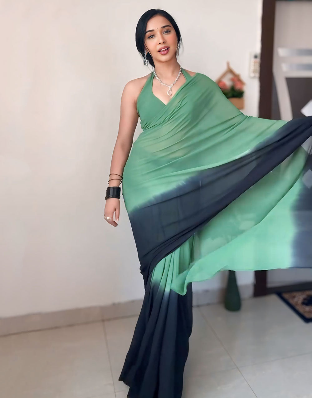 Green Georgette Ready To Wear Saree