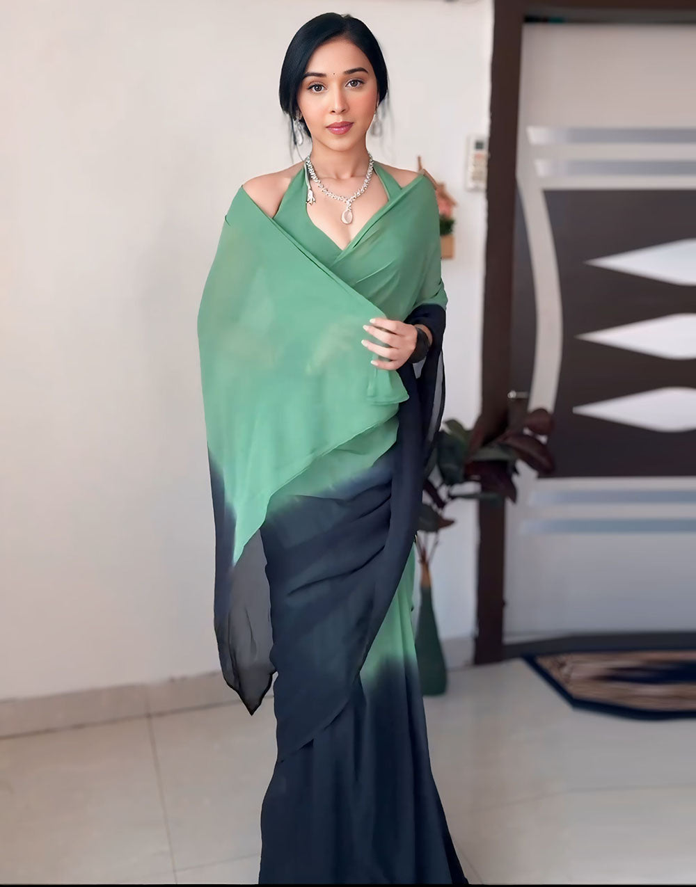 Green Georgette Ready To Wear Saree