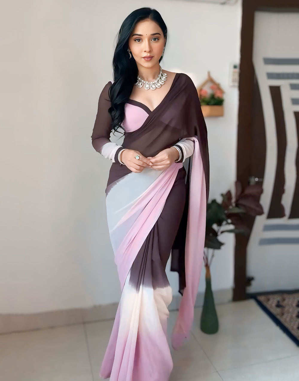 Baby Pink Georgette Ready To Wear Saree