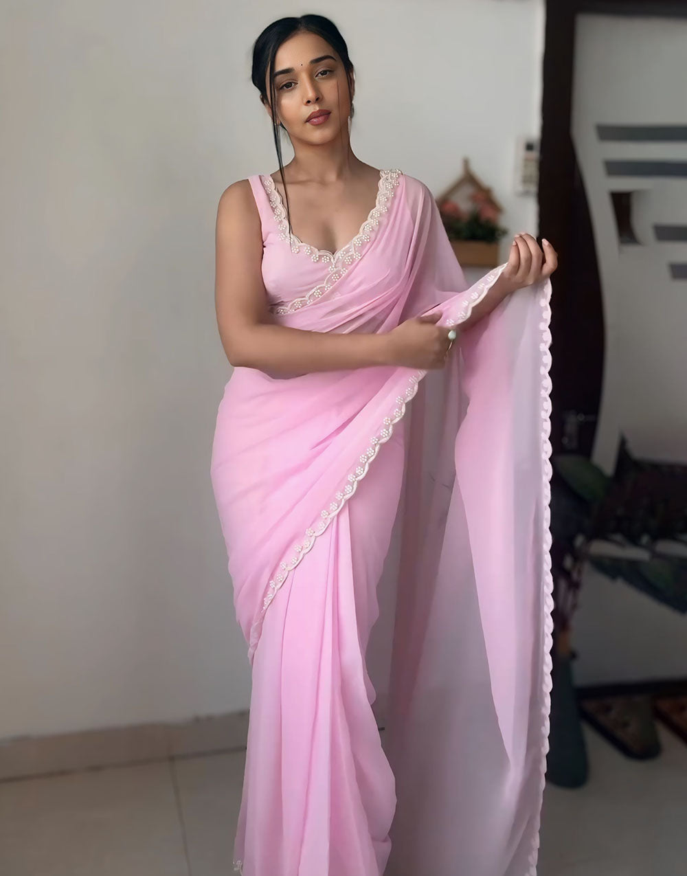 Baby Pink Georgette Ready to Wear Saree With Handwork Border