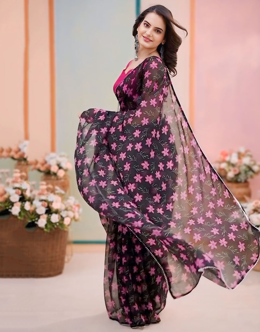 Black Georgette Ready To Wear Saree With Printed Work