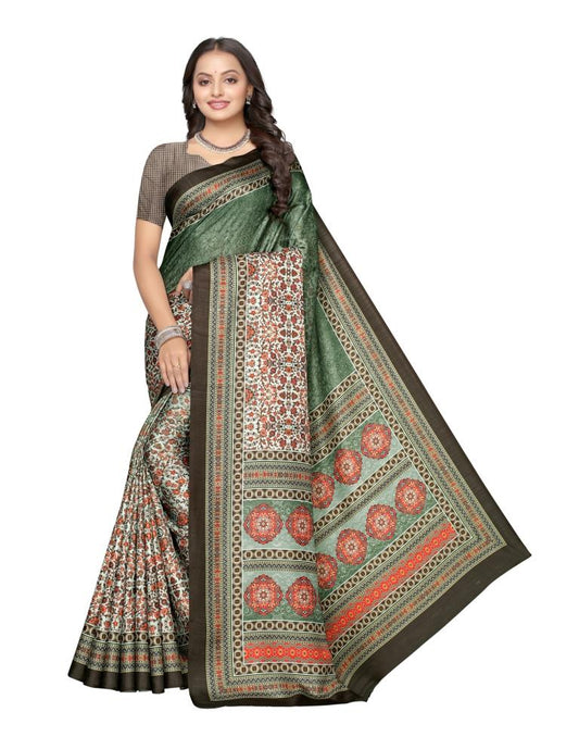 Olive Green Printed Silk Saree