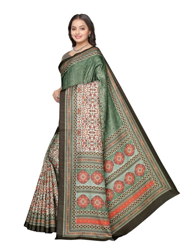 Olive Green Printed Silk Saree