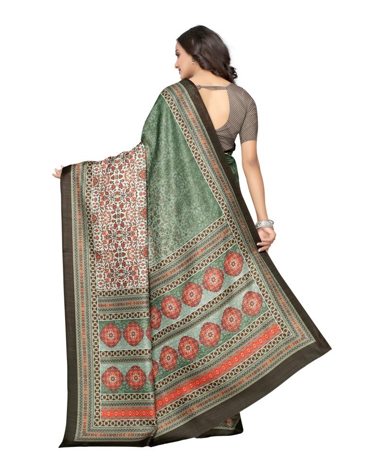 Olive Green Printed Silk Saree