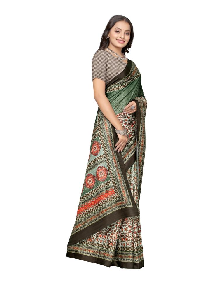 Olive Green Printed Silk Saree