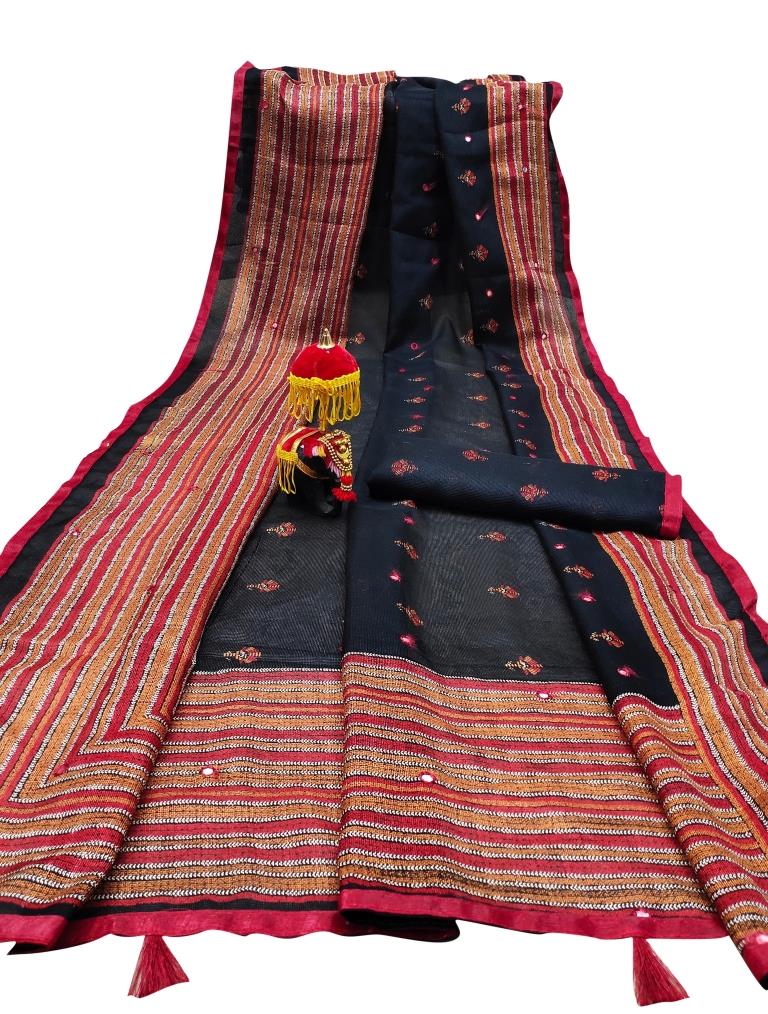 Black Coloured Poly Jute Printed Embellished Partywear saree