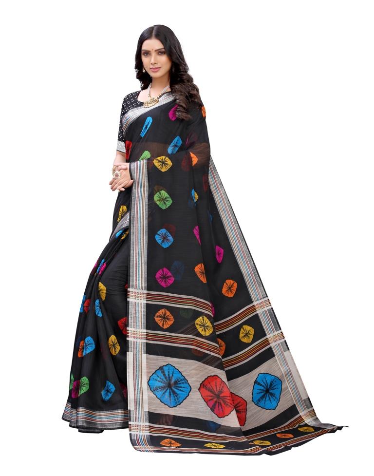 Black Coloured Poly Cotton Printed Casual saree