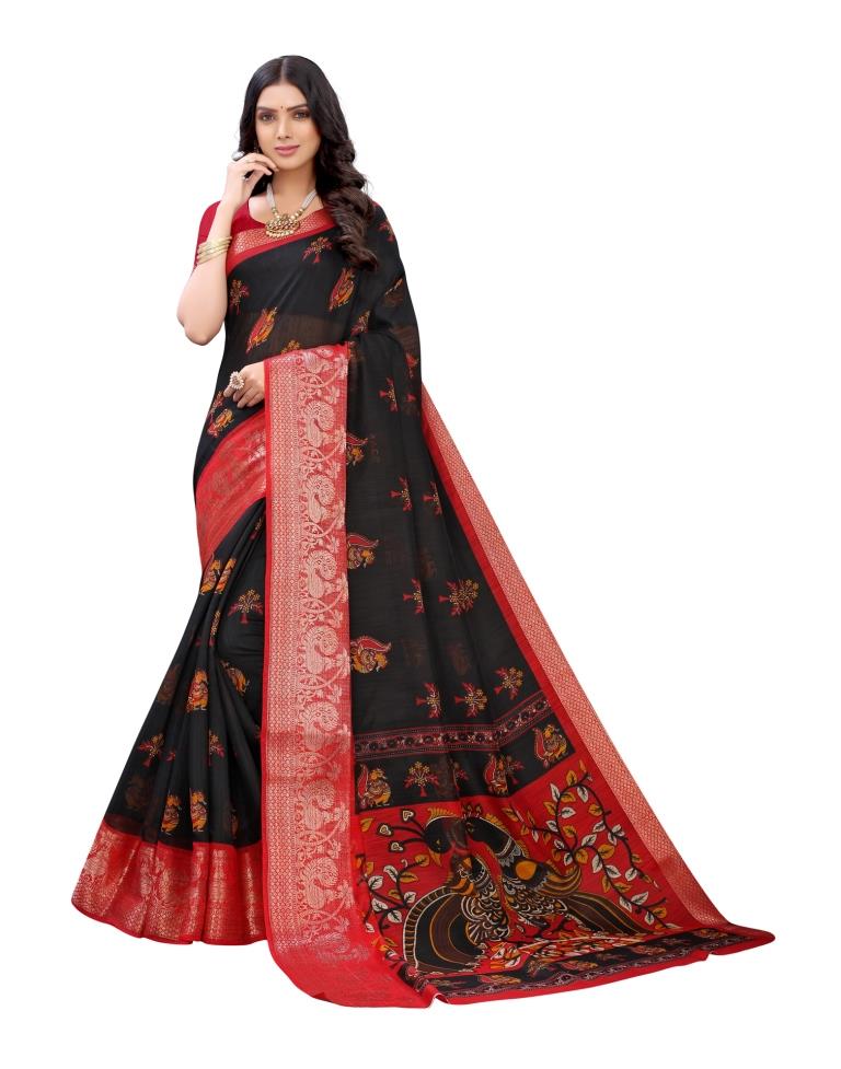 Black Coloured Poly Cotton Printed Jacquard Partywear saree