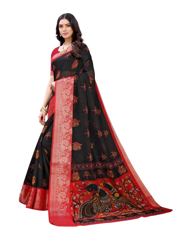 Black Coloured Poly Cotton Printed Jacquard Partywear saree