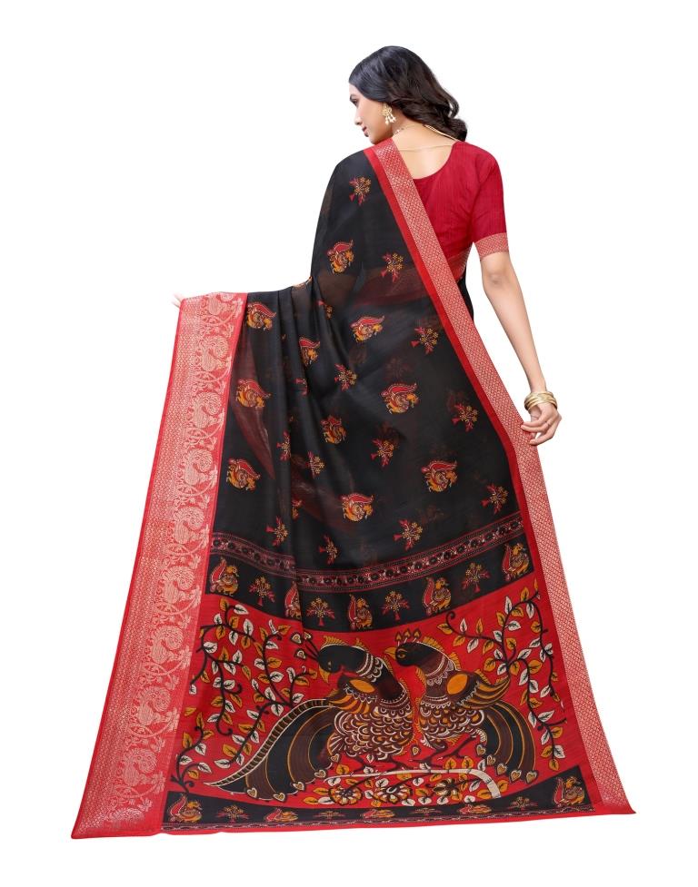 Black Coloured Poly Cotton Printed Jacquard Partywear saree