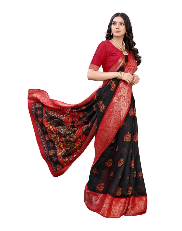 Black Coloured Poly Cotton Printed Jacquard Partywear saree