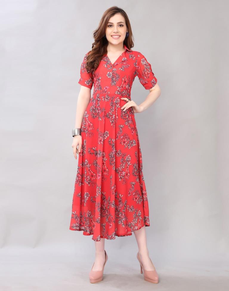 Affluent Red Coloured Digital Printed Polyester Dress