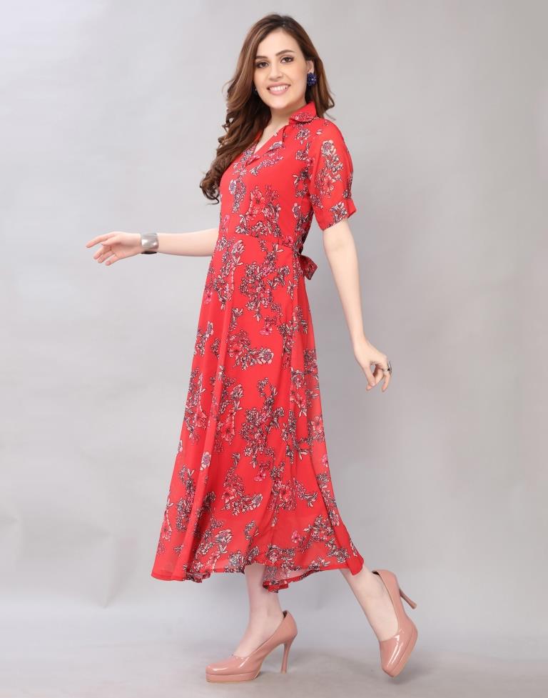 Affluent Red Coloured Digital Printed Polyester Dress