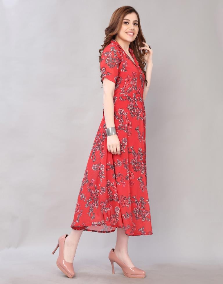 Affluent Red Coloured Digital Printed Polyester Dress