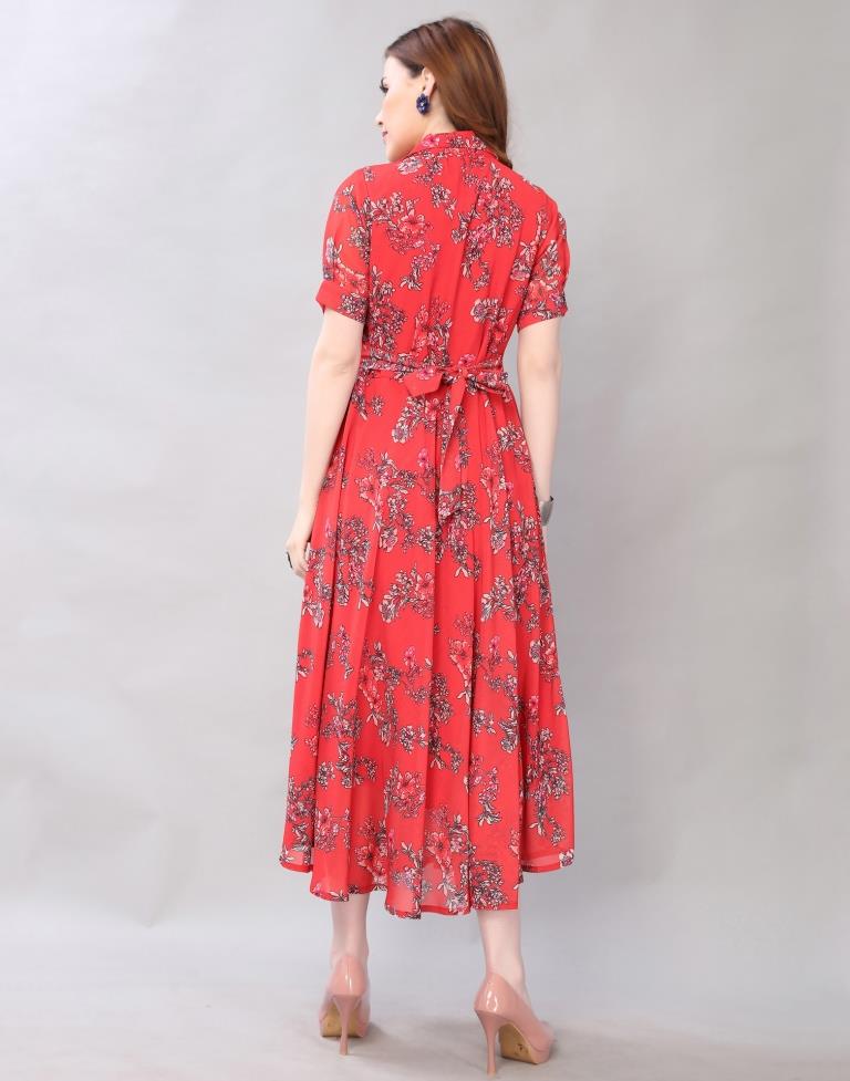 Affluent Red Coloured Digital Printed Polyester Dress