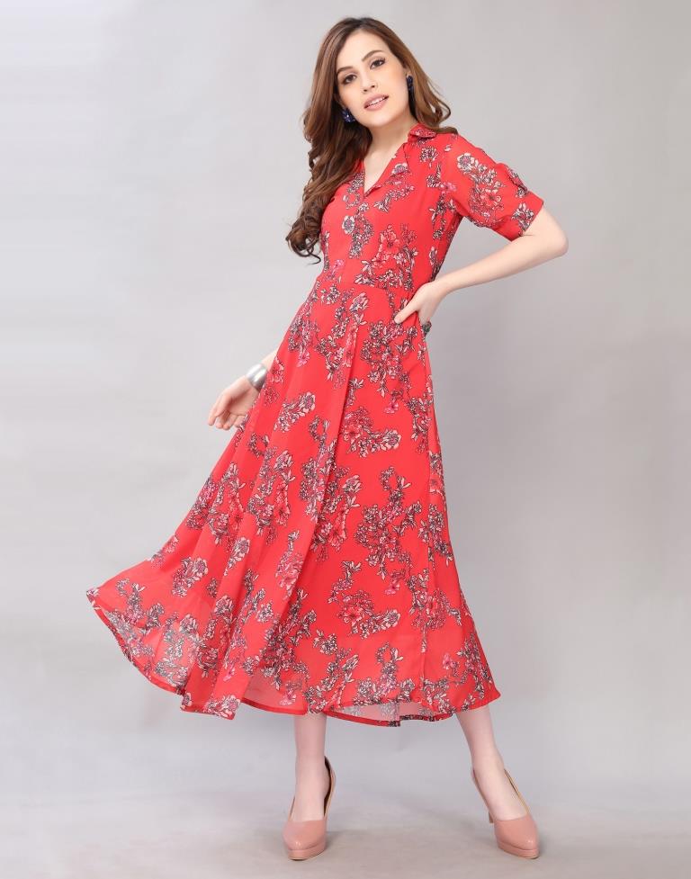 Affluent Red Coloured Digital Printed Polyester Dress