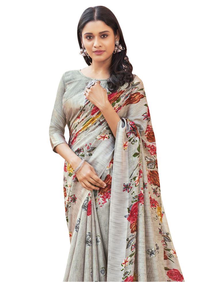 Adorable Silver Grey Jute Floral Printed Saree