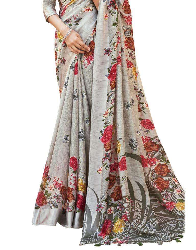 Adorable Silver Grey Jute Floral Printed Saree