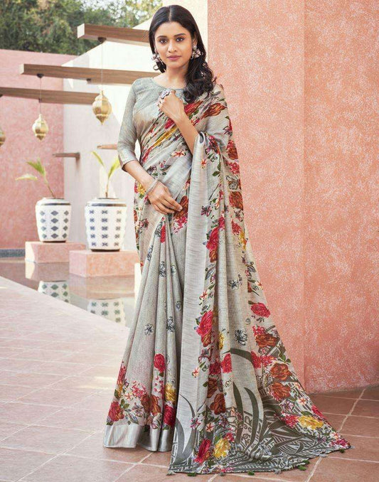 Adorable Silver Grey Jute Floral Printed Saree