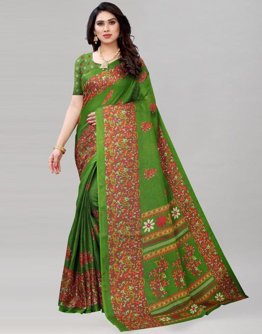 Green Jute Printed Saree