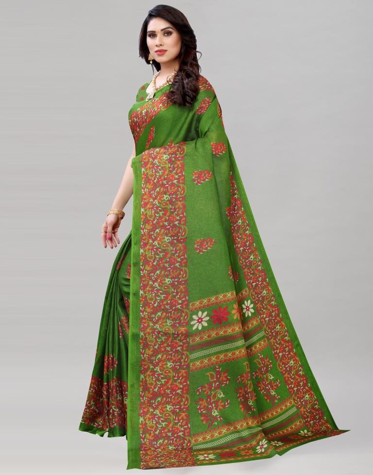 Green Jute Printed Saree