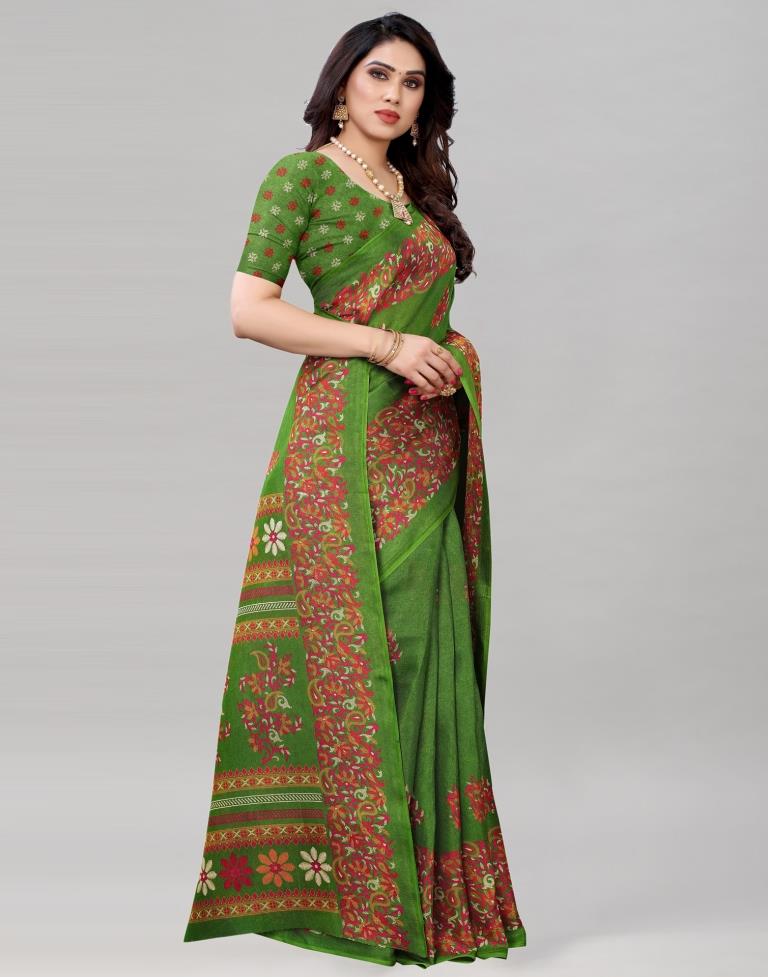 Green Jute Printed Saree