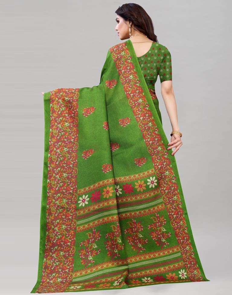 Green Jute Printed Saree