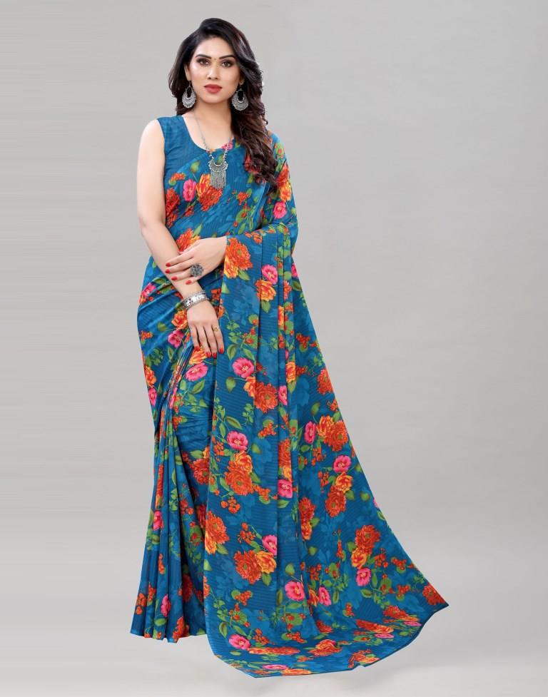 Fab Blue Printed Saree