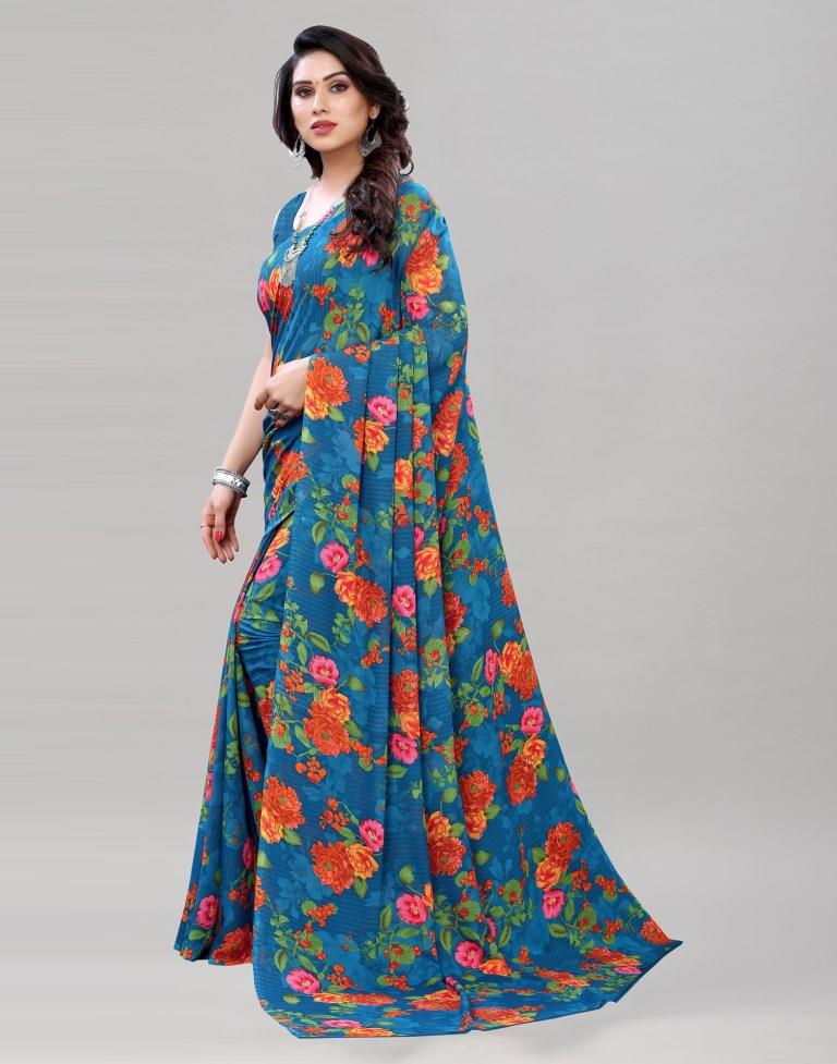 Fab Blue Printed Saree