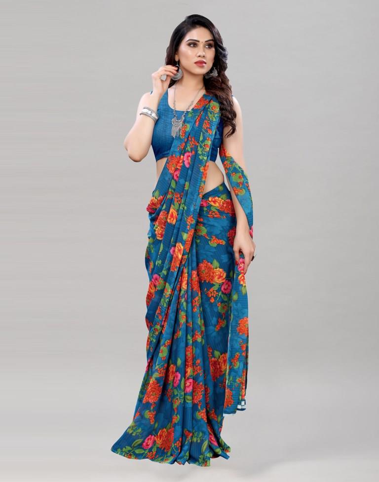 Fab Blue Printed Saree