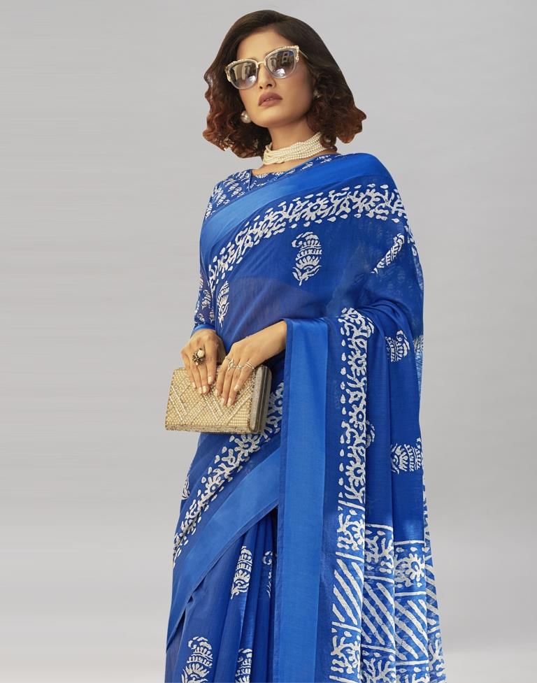 Bedazzling Blue Cotton Printed Saree