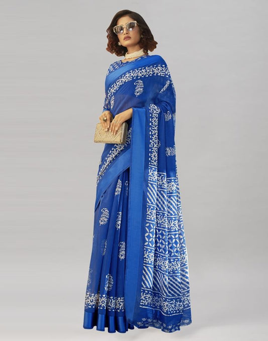 Bedazzling Blue Cotton Printed Saree