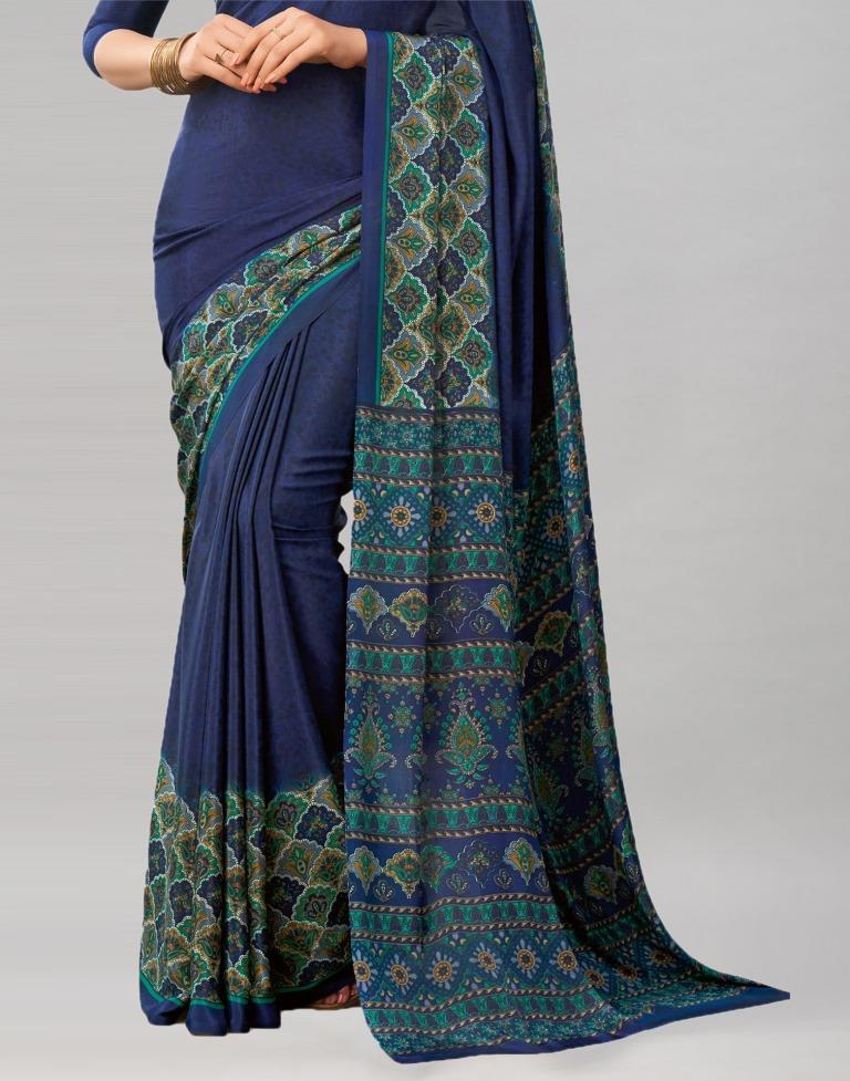 Attractive Navy Blue Printed Saree