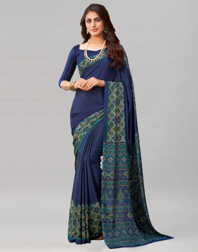 Attractive Navy Blue Printed Saree