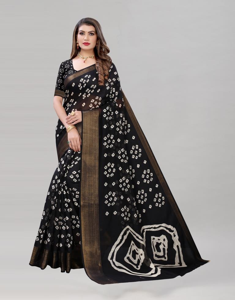 Black Cotton Bandhani Printed Saree