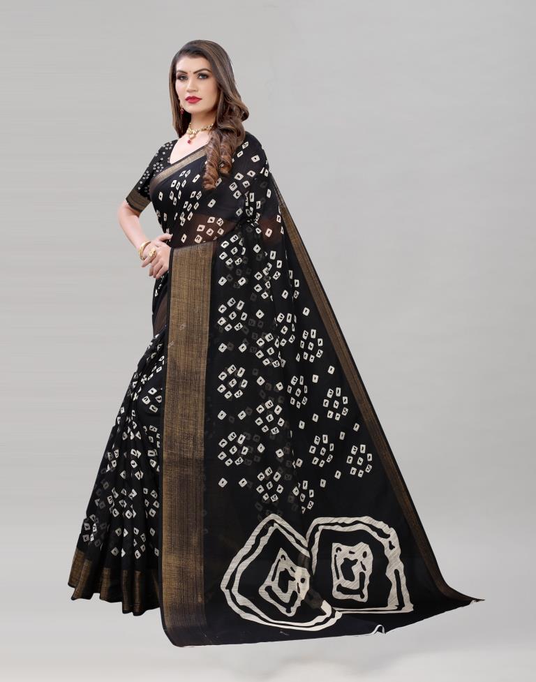 Black Cotton Bandhani Printed Saree