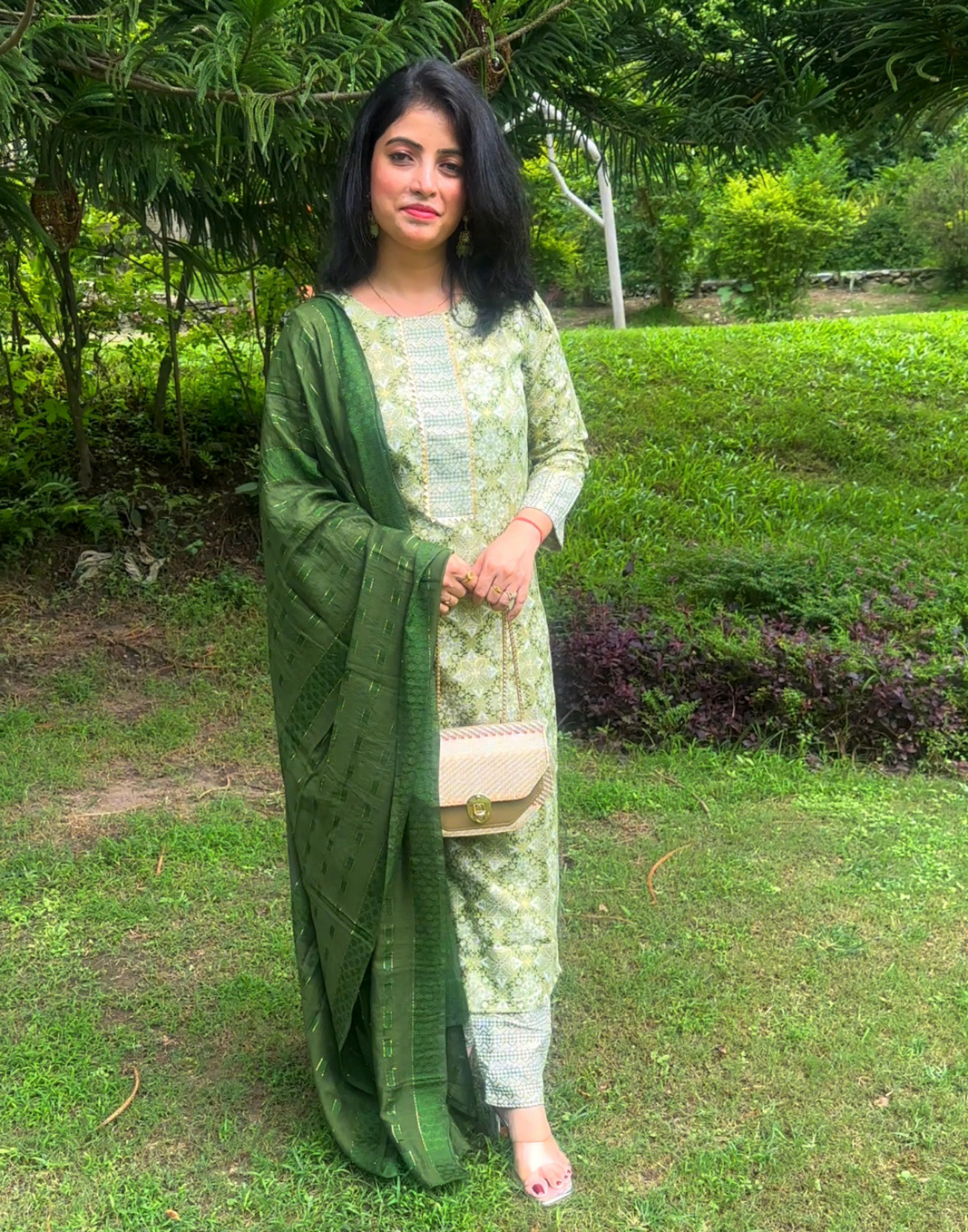 Green Cotton Printed Straight Kurta Kurti With Pant And Dupatta